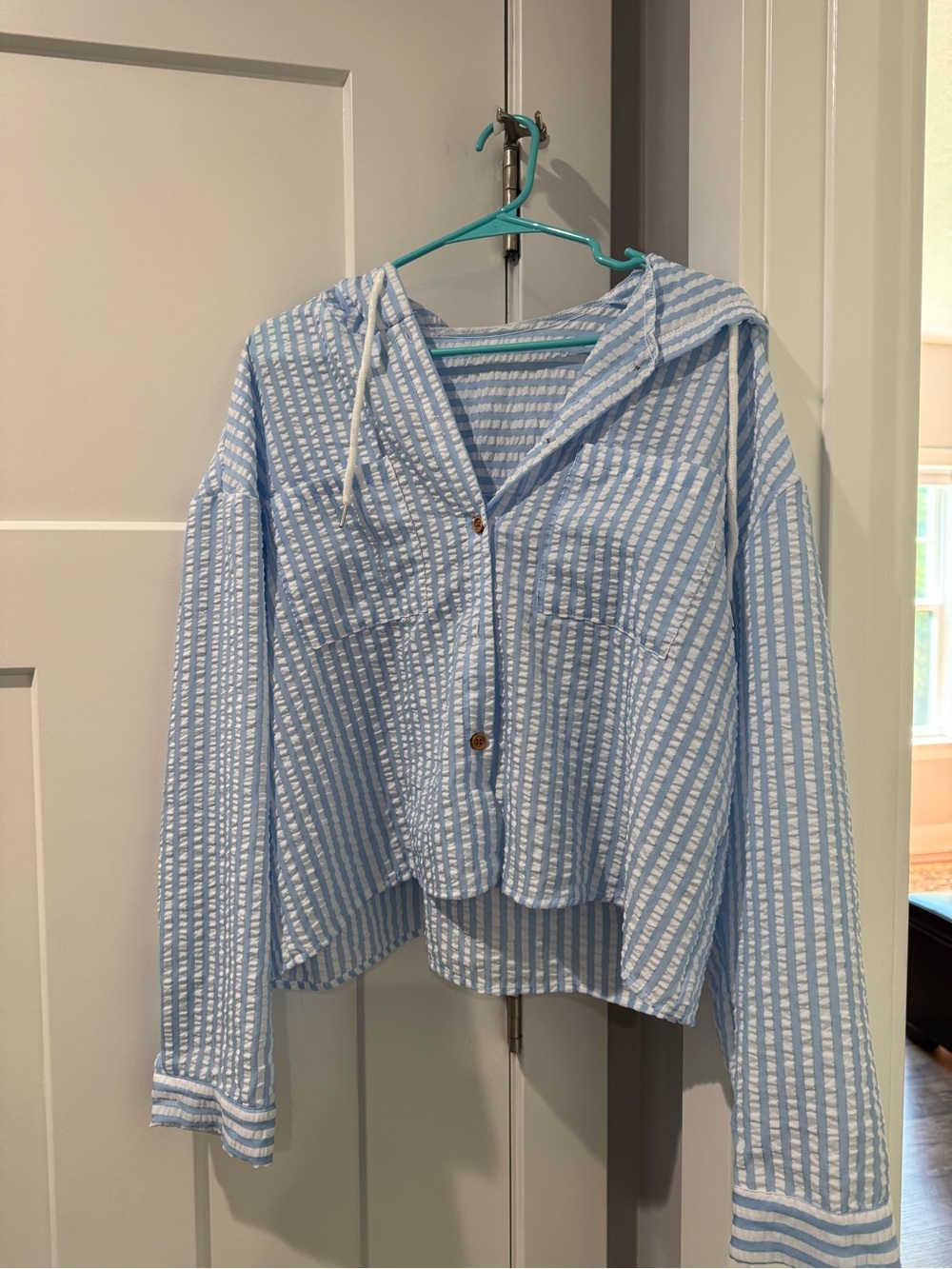 Light Blue Striped Hooded Button-Front Jacket